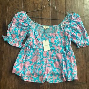 Aqua Blue Pink Floral Puff Sleeve Top Large New